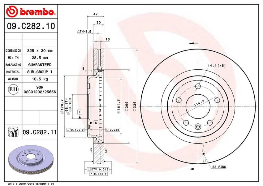 09C28211C02 – BREMBO Brake Rotor, Vented One Piece Design Wheel Bolt Pattern 5 x 114.3 Millimeter 325 Millimeter Diam...